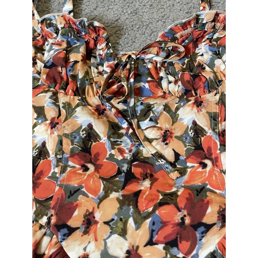 Babydoll Floral Mini Sundress Sz L Sweetheart Neck Smocked From Tie Orange City - Picture 6 of 15